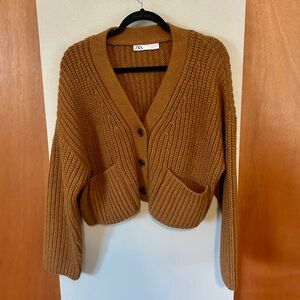 Zara women's tan / brown / camel wool knit cardigan, size medium